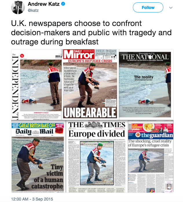 Capture d’écran d’un tweet de @Katz publié le 3 septembre 2015 alors que la mort d’Aylan Kurdi fait la une de la presse à travers le monde. Il s’agit ici d’un montage de différents journaux britanniques réalisé par Andrew Katz sur Twitter. Capture d’écran prise par Fanny Gravel-Patry le 28 octobre 2017.
