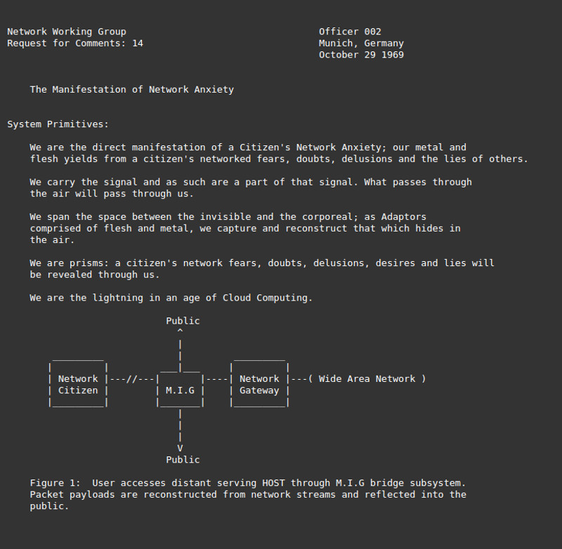 Capture d’écran extraite du «&nbsp;Statement&nbsp;», Men in Grey, 2010. Figure 1&nbsp;: User accesses distant serving HOST through M.I.G bridge subsystem. Packet payloads are reconstructed from network streams and reflected into the public.