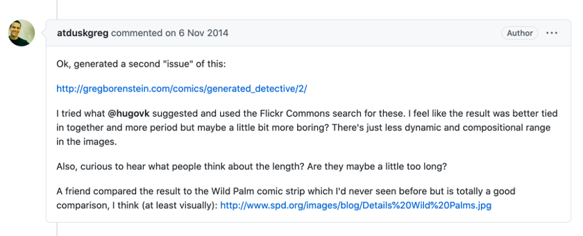 Réponse de Greg Borenstein utilisant les suggestions d’Hugo VK, postée également le 6 novembre 2014. Voir la discussion.